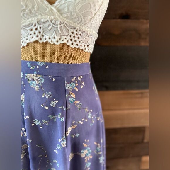 90s Vintage KORET Purple Cottagecore Painted Flowers Elastic Waist Maxi Skirt - Picture 5 of 8